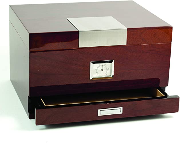Lacquered "Walnut" Wood 60 Cigar Humidor with Spanish Cedar Lining and Accessory Drawer