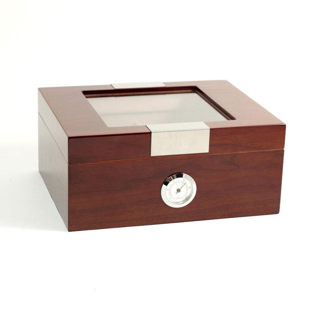 Lacquered "Walnut" Wood Humidor with Spanish Cedar Lining and Glass See-thru Lid - 60 Cigar ct