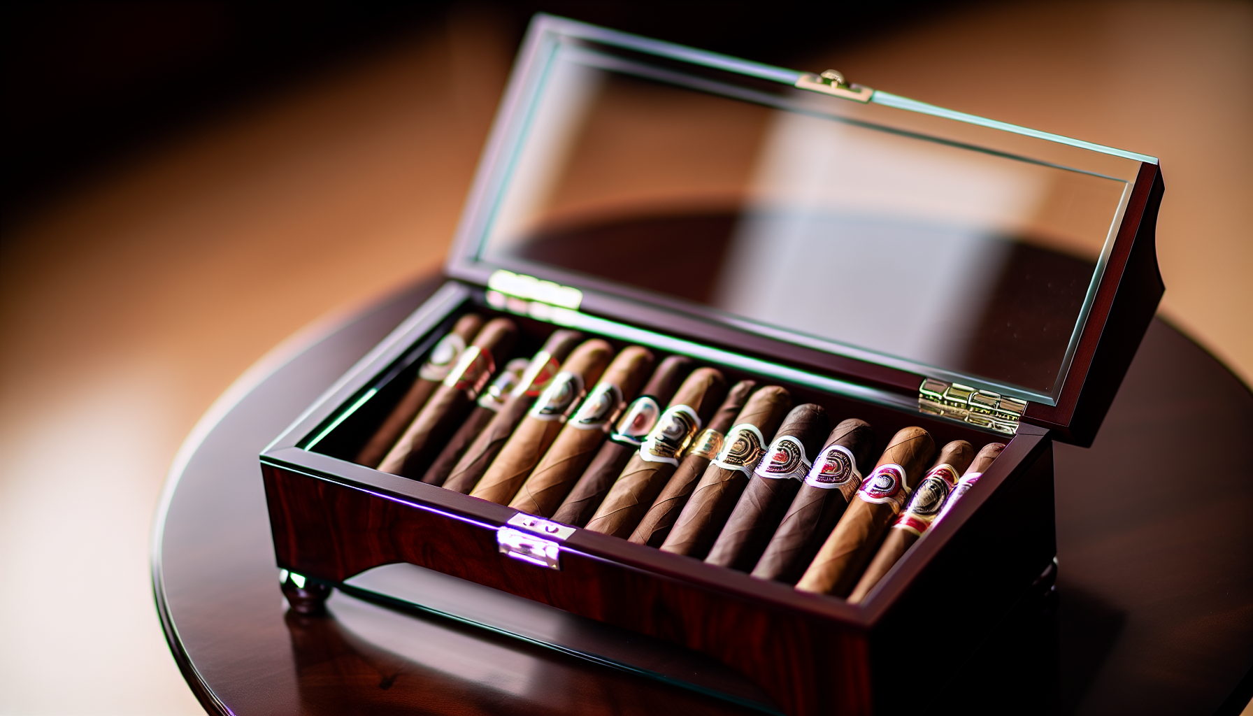 Glass top humidor with a selection of cigars inside