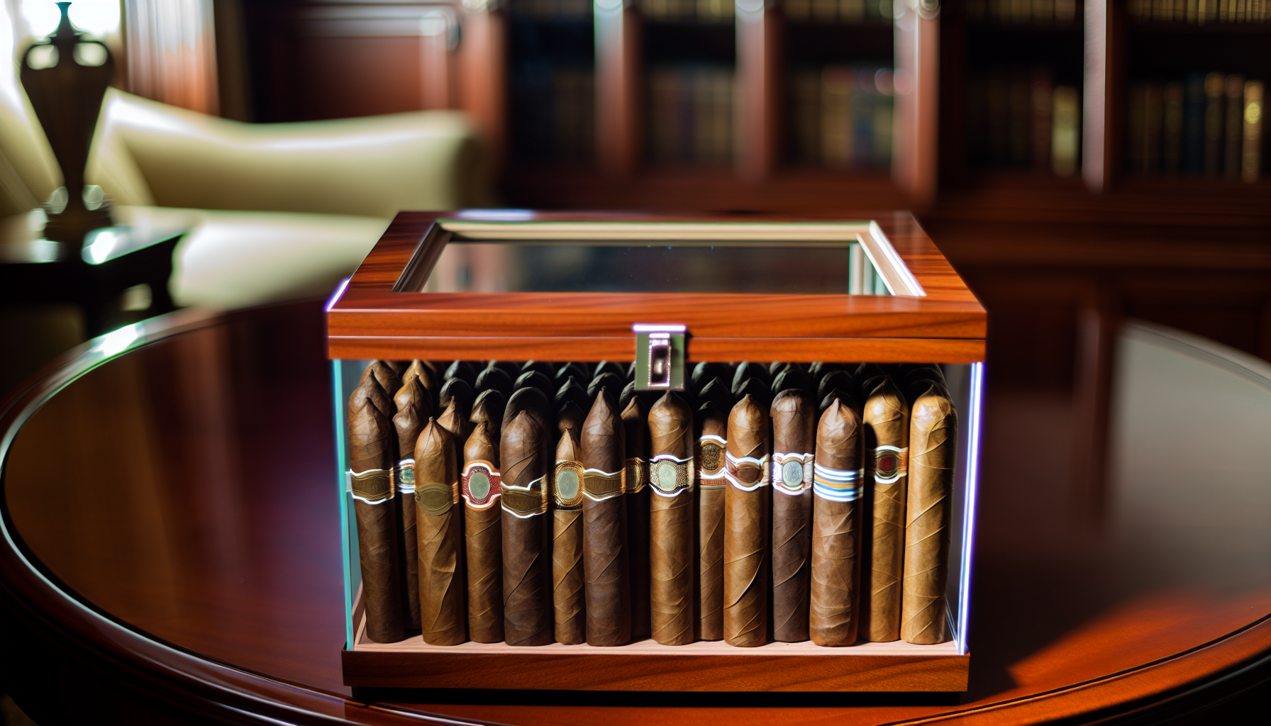 Elegant display of a glass top humidor with a cigar collection