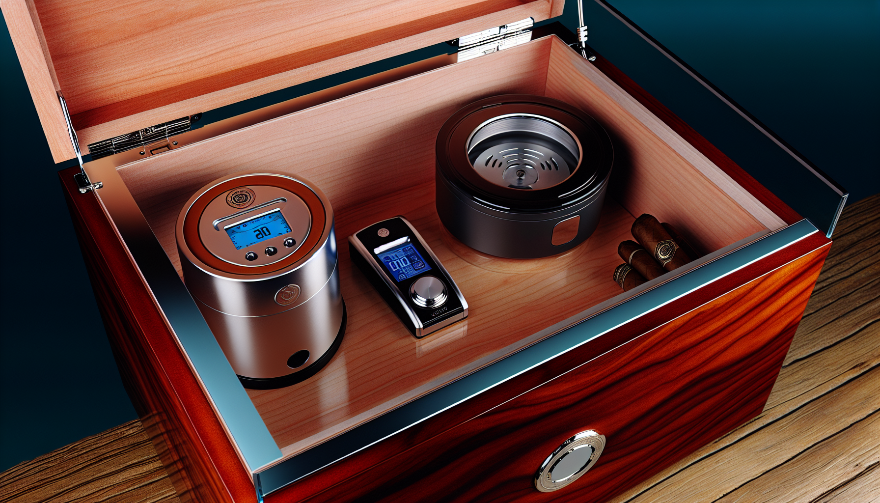 Humidification device and hygrometer in a glass top humidor