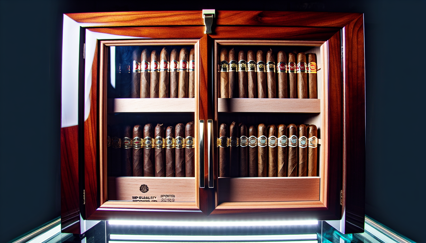 A close-up of a quality importers humidor with glass doors