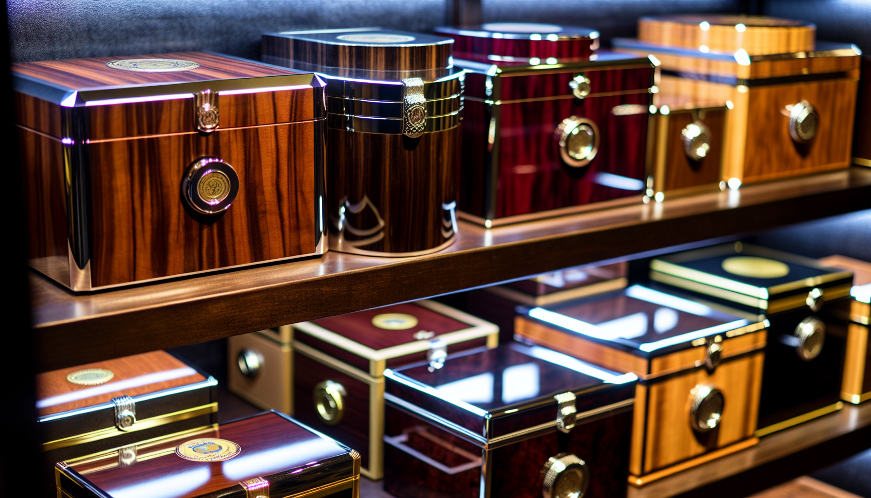 A collection of quality importers humidors on display